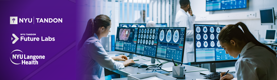 NYU Tandon Future Labs Langone logos over scientists looking at brain scans